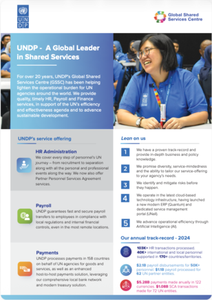 Photograph of a smiling UNICEF staff member in a blue shirt beside a shared services infographic.